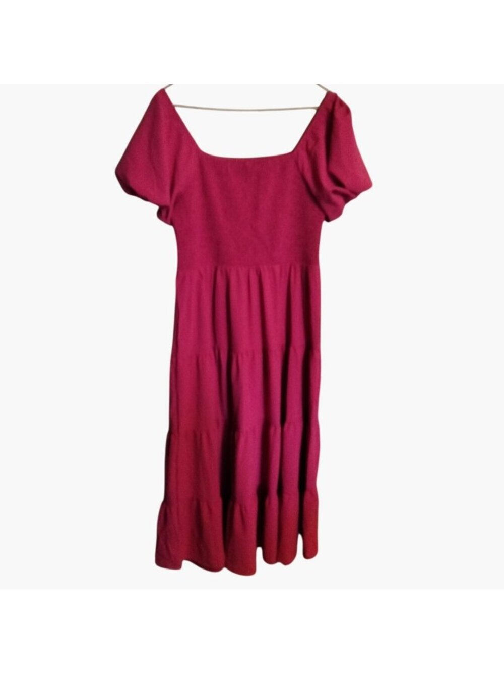 PrettyGarden Red Smocked Puff Sleeve Tiered Midi Dress Size XL Boho Smocked